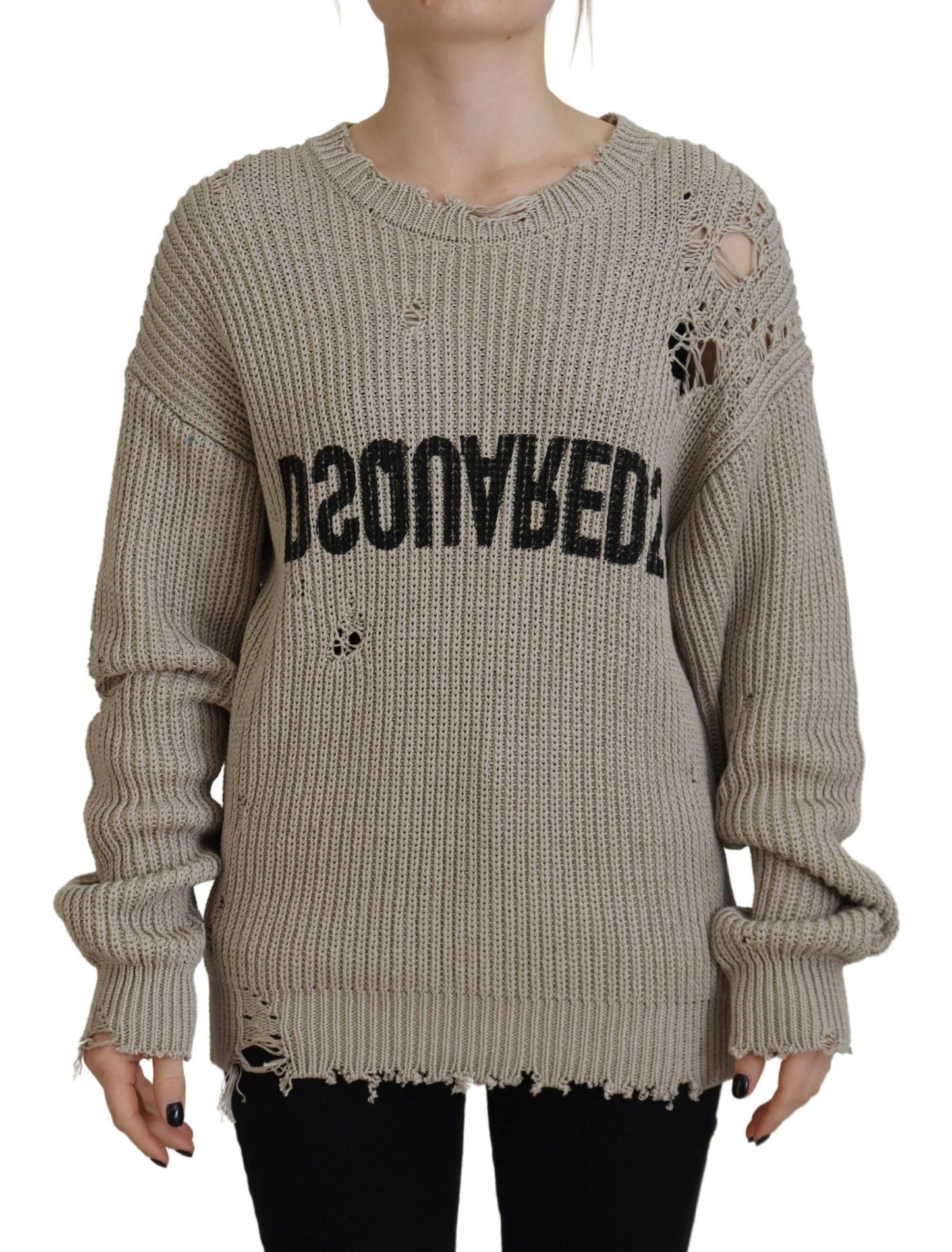 Dsquared² Beige Cotton Knitted Crewneck Pullover Sweater