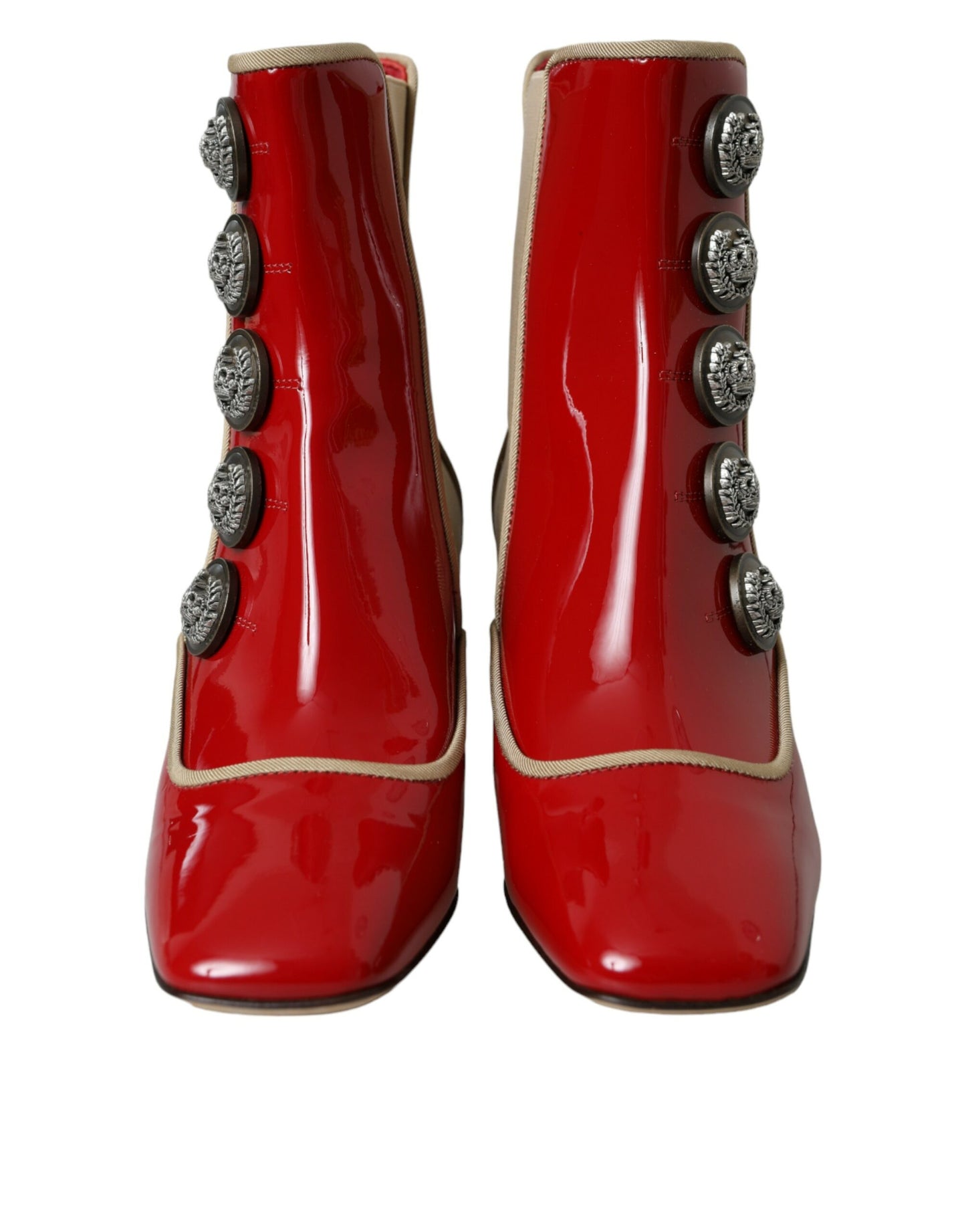 Dolce & Gabbana Red Beige Leather Embellished Mid Calf Boots Shoes