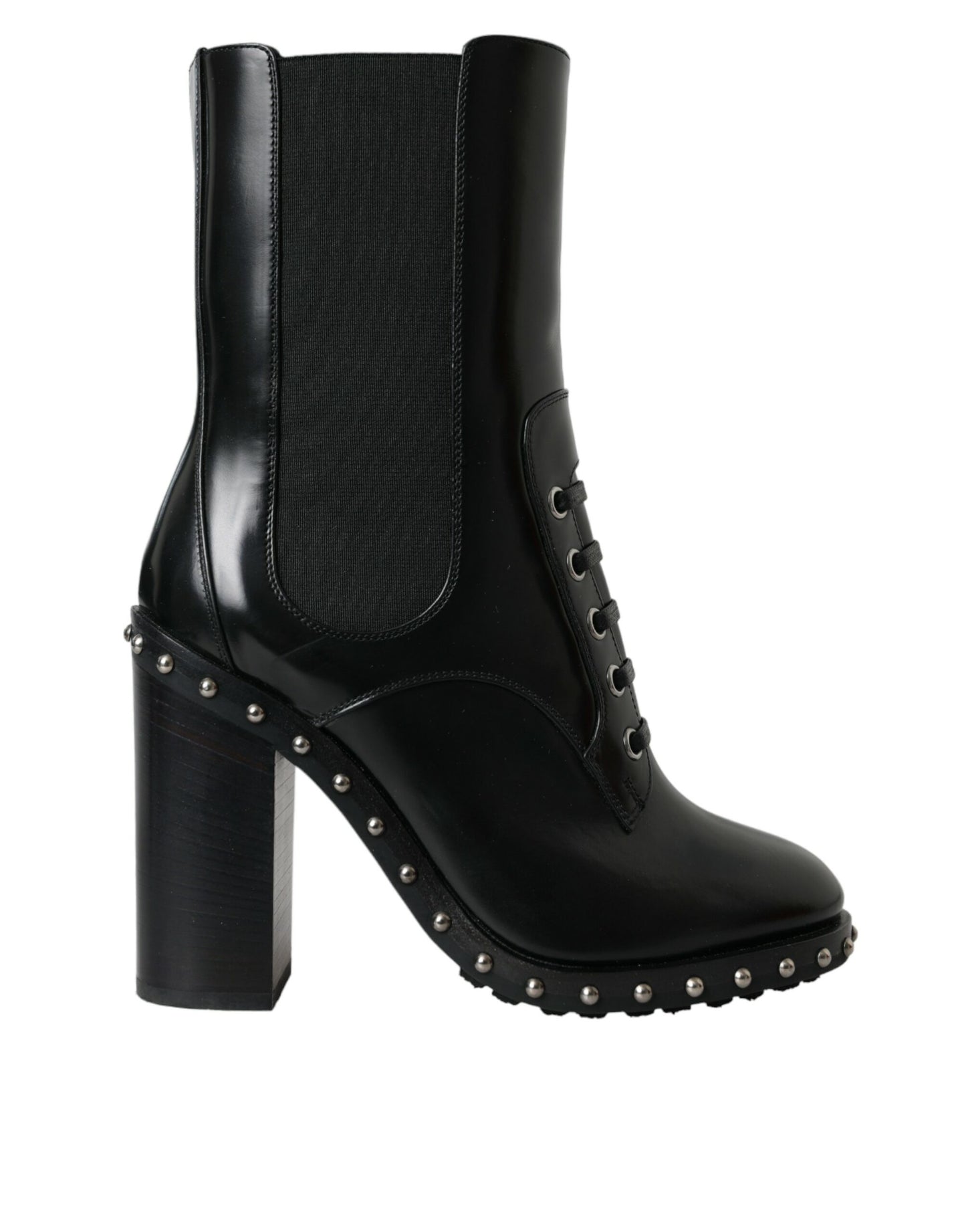 Dolce & Gabbana Black Leather Studded Lace Up Boots Shoes