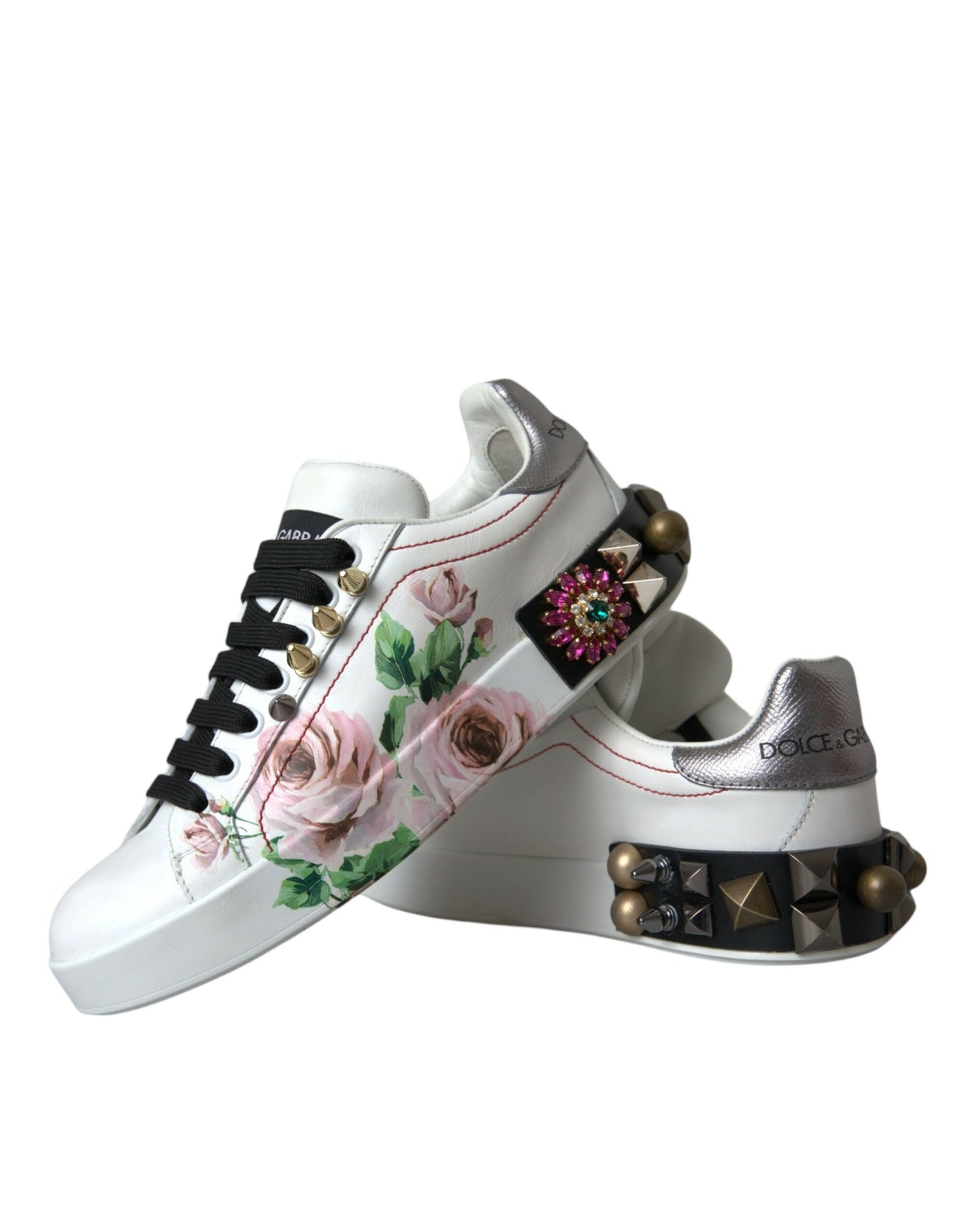 Dolce & Gabbana White Leather Crystal Roses Floral Sneakers Shoes