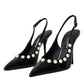 Dolce & Gabbana Black Leather Faux Pearl Heel Slingback Shoes