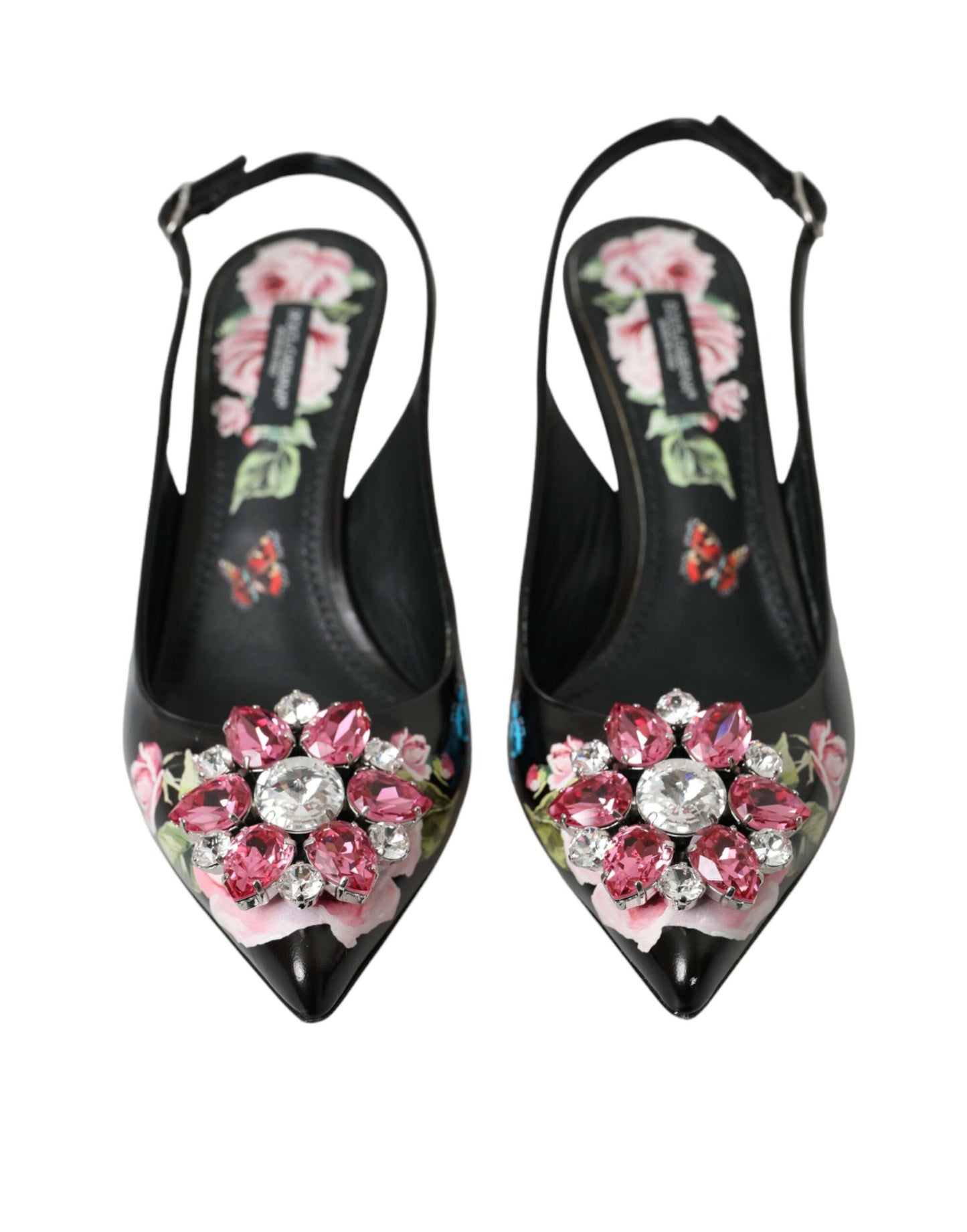 Dolce & Gabbana Black Roses Crystal Heels Slingback Shoes