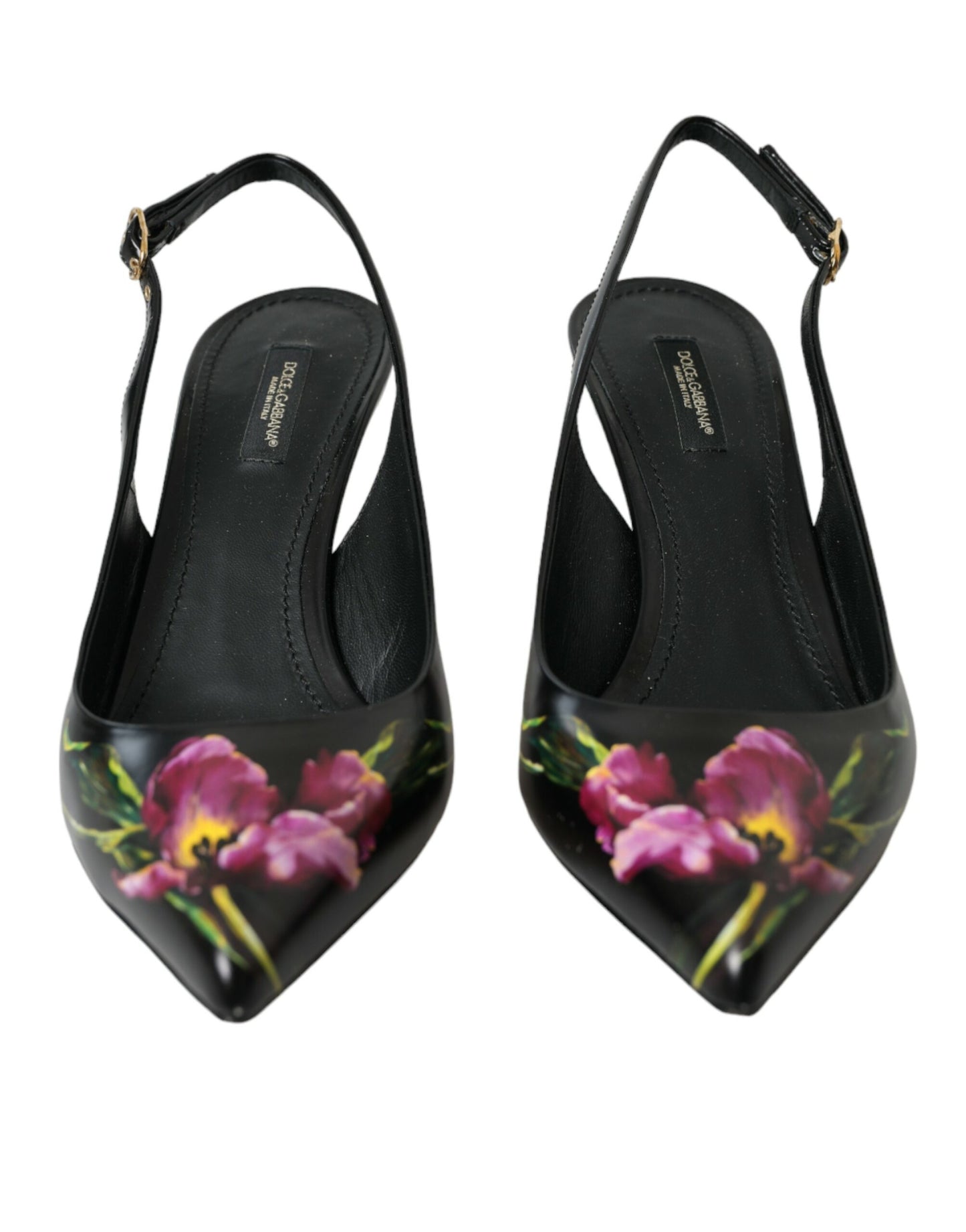 Dolce & Gabbana Black Floral Leather Heels Slingback Shoes