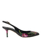 Dolce & Gabbana Black Floral Leather Heels Slingback Shoes