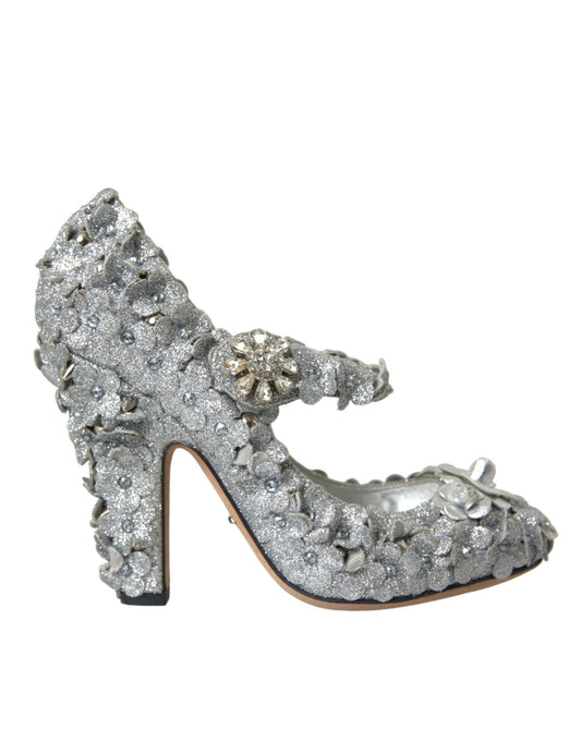 Dolce & Gabbana Silver Floral Crystal Mary Jane Pumps Shoes