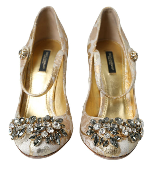 Dolce & Gabbana Gold Jacquard Crystal Mary Janes Pumps Shoes