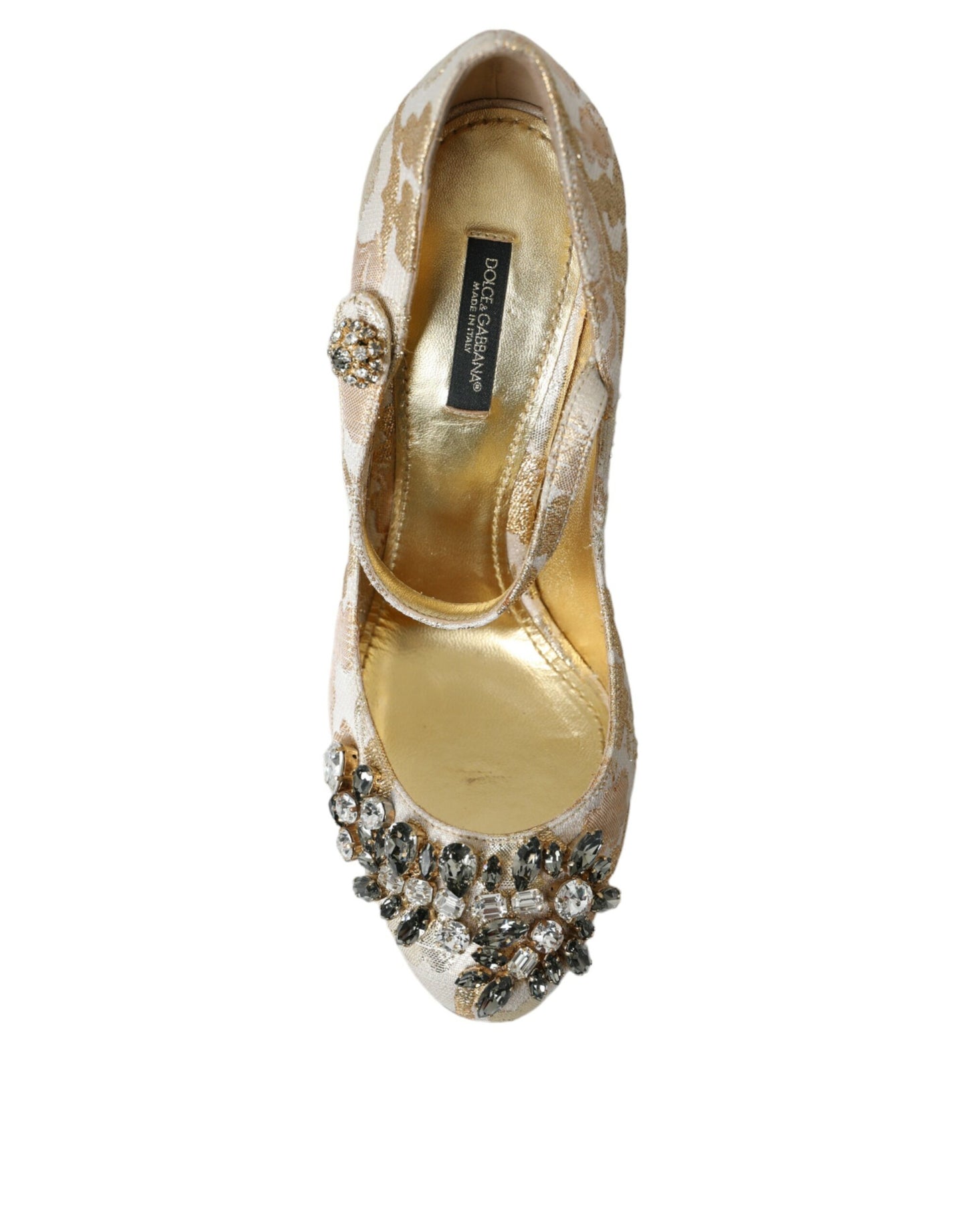 Dolce & Gabbana Gold Jacquard Crystal Mary Janes Pumps Shoes