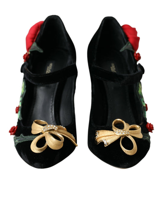 Dolce & Gabbana Black Roses Crystal Brooch Mary Jane Shoes