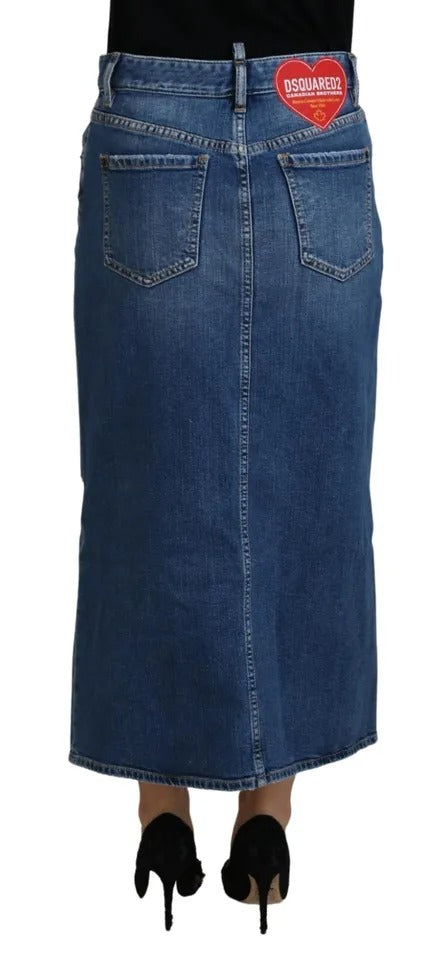 Dsquared² Blue Distressed High Waist Pencil Cut Denim Skirt