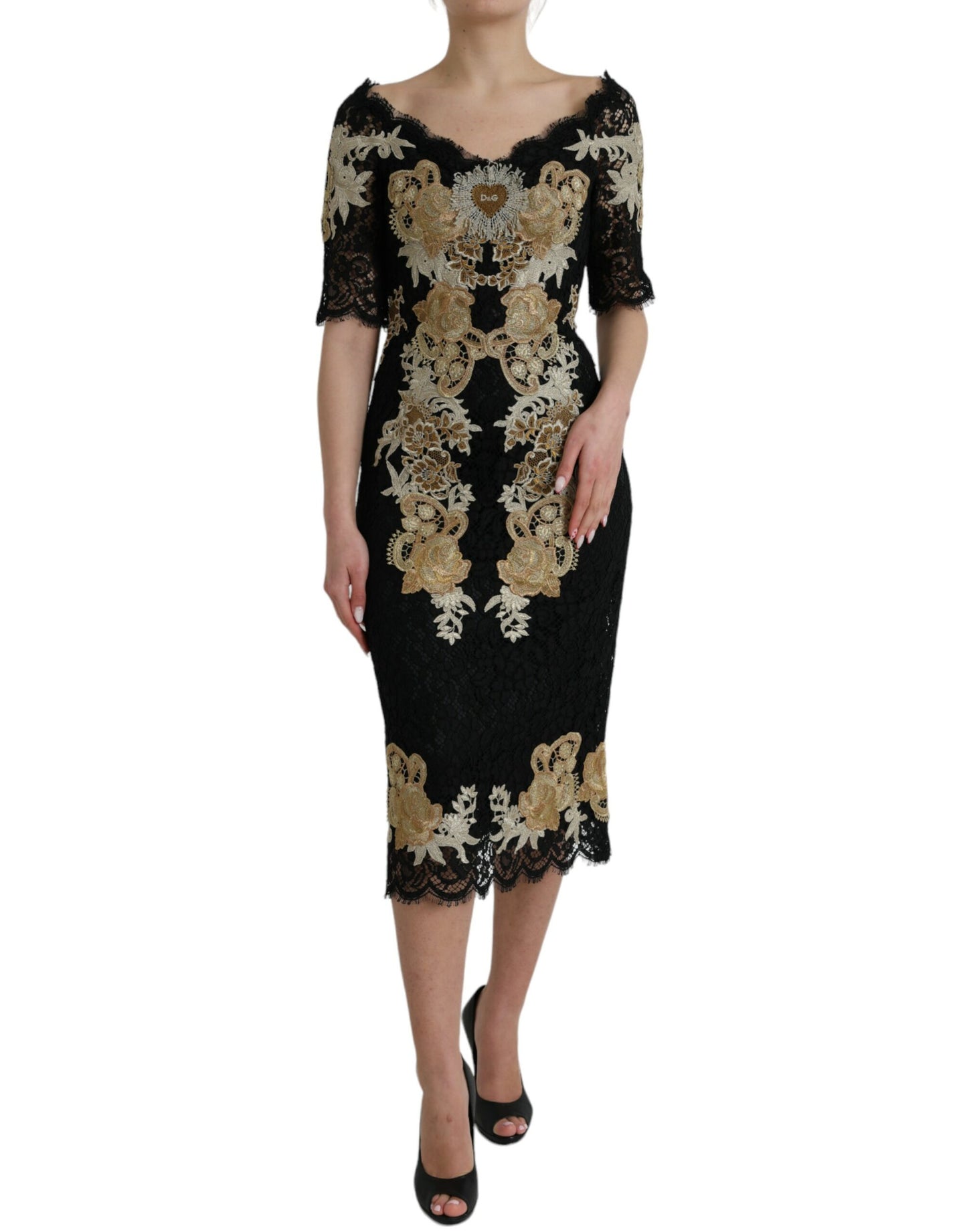 Dolce & Gabbana Black Floral Lace Cotton Sheath Midi Dress