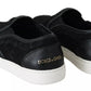 Dolce & Gabbana Black Lace Leather Logo Flat Slip-On Sneakers