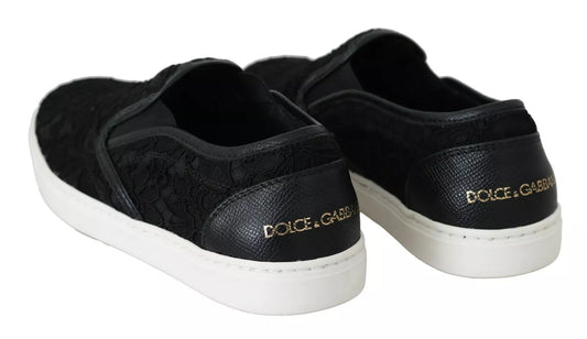 Dolce & Gabbana Black Lace Leather Logo Flat Slip-On Sneakers