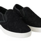 Dolce & Gabbana Black Lace Leather Logo Flat Slip-On Sneakers