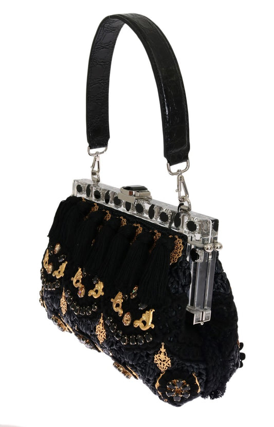 Dolce & Gabbana Elegant Black Tassel Gold Baroque VANDA Clutch