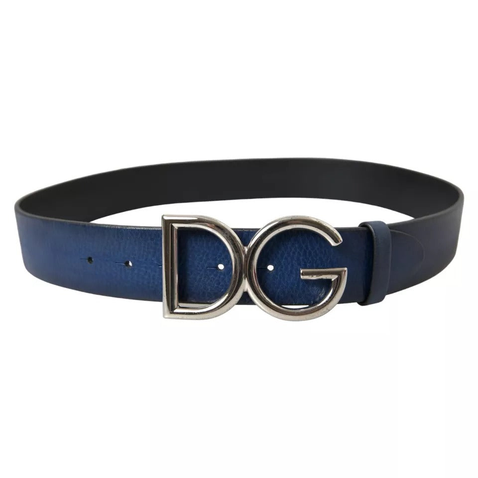 Dolce & Gabbana Blue Calf Leather Silver DG Logo Buckle Belt