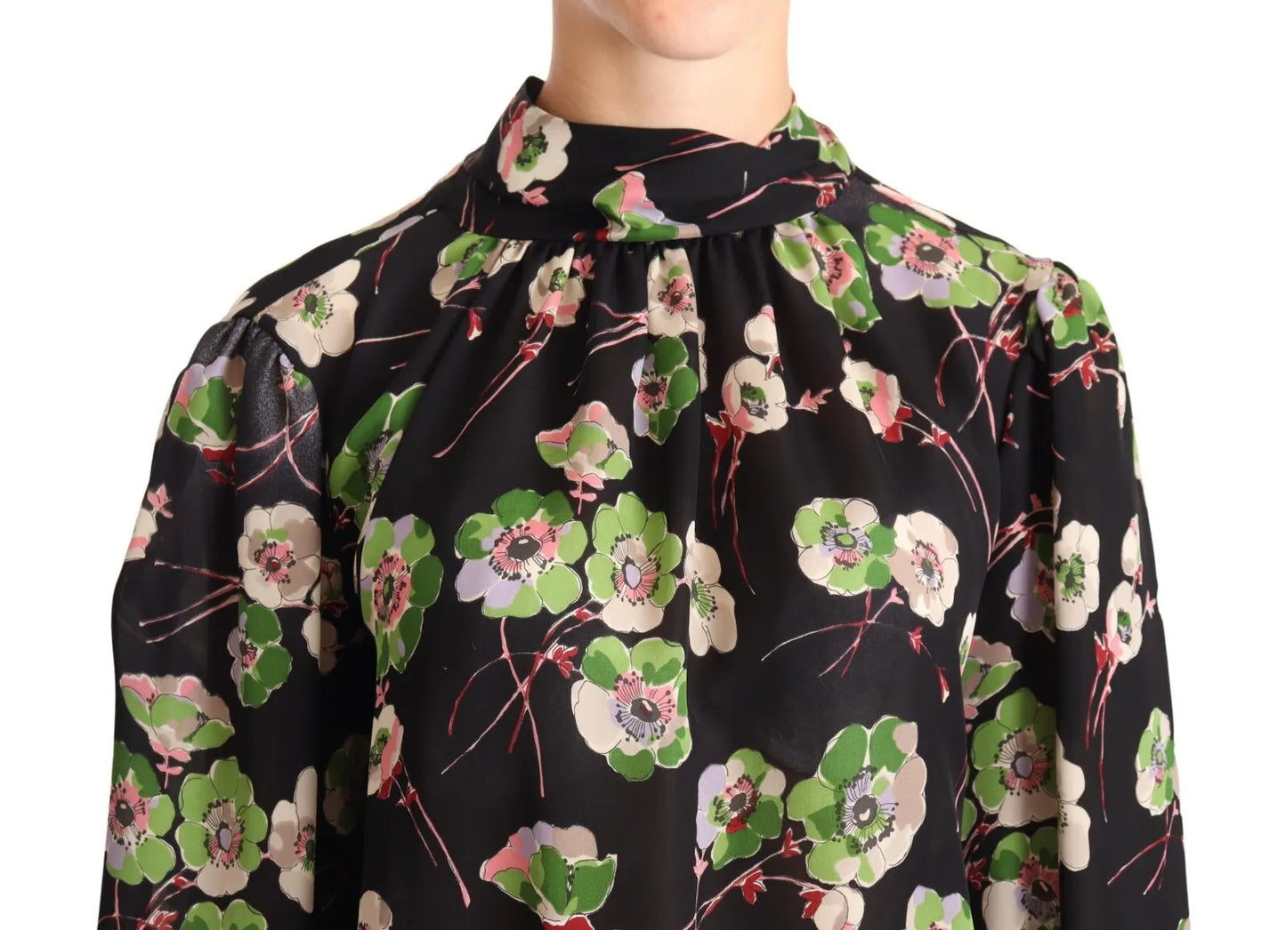 Dolce & Gabbana Silk Black Floral Print Long Sleeve Top Blouse