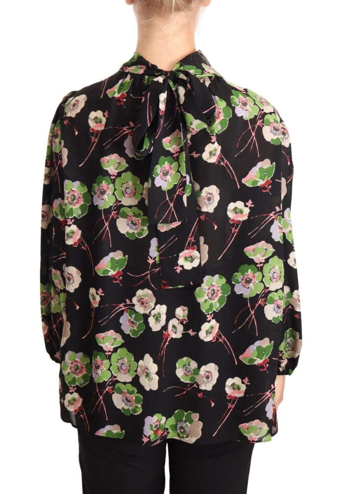 Dolce & Gabbana Silk Black Floral Print Long Sleeve Top Blouse