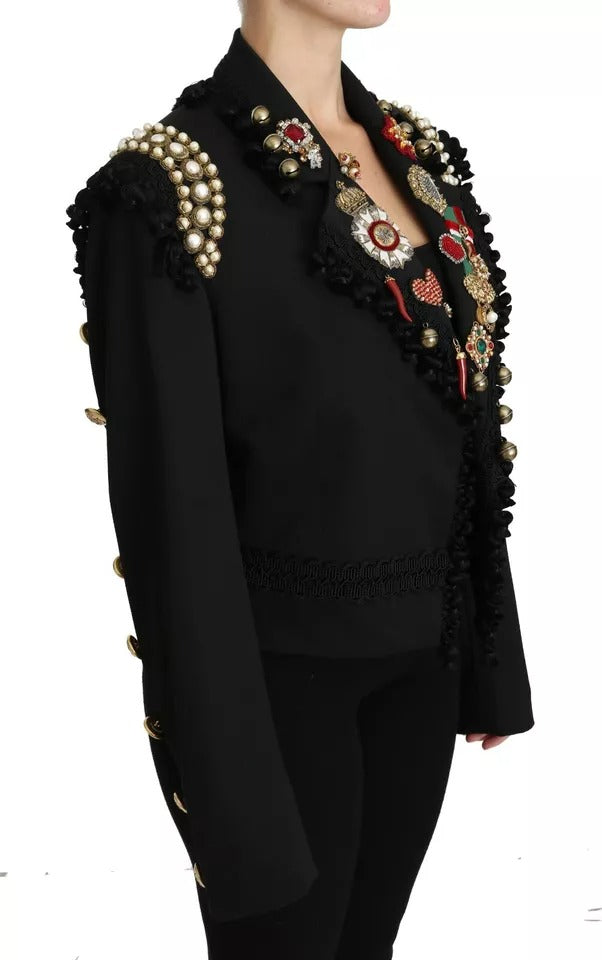 Dolce & Gabbana Black Crystal Blazer Coat Wool Jacket