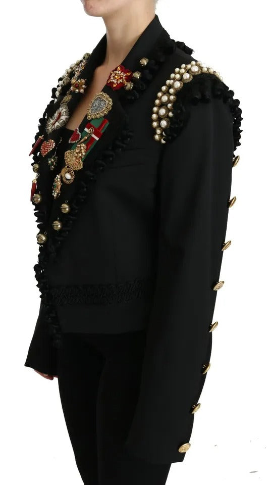 Dolce & Gabbana Black Crystal Blazer Coat Wool Jacket