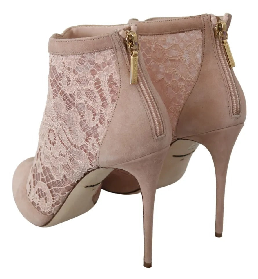 Dolce & Gabbana Beige Lace Suede Peep Toe Ankle Boots Shoes