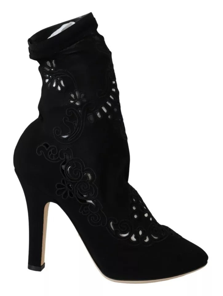 Dolce & Gabbana Black Stretch Pumps Boots Floral Lace Shoes