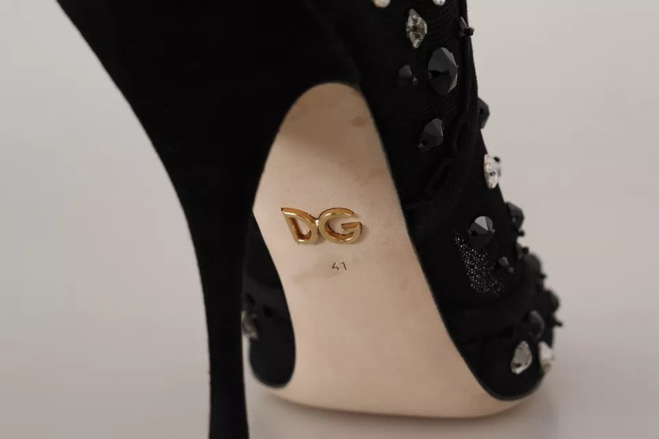 Dolce & Gabbana Black Tulle Suede Crystals Heels Boots Shoes