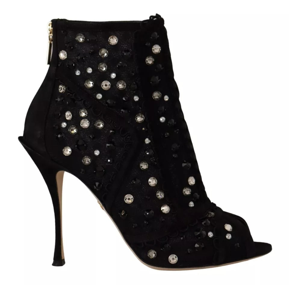 Dolce & Gabbana Black Tulle Suede Crystals Heels Boots Shoes