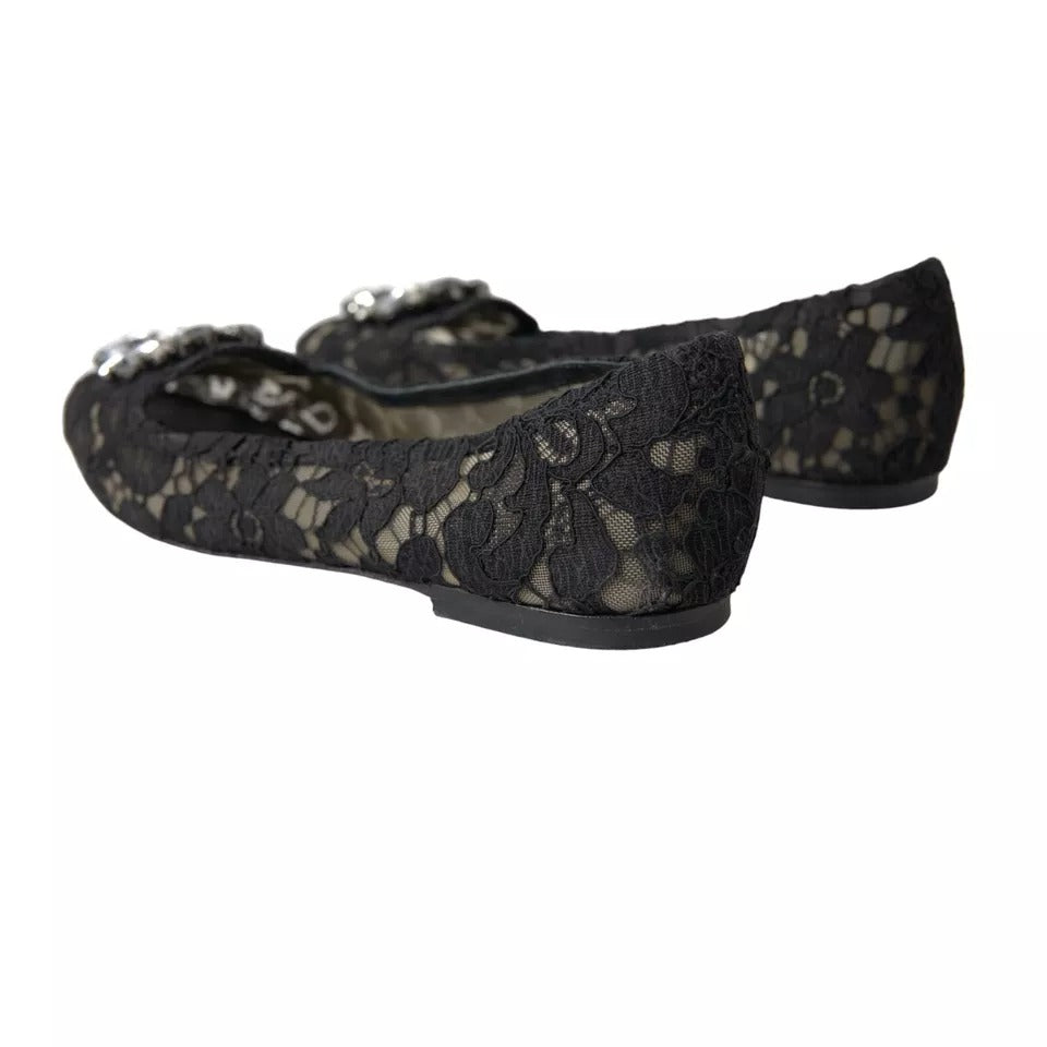 Dolce & Gabbana Black Taormina Lace Crystals Flats Shoes