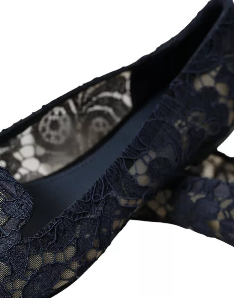 Dolce & Gabbana Dark Blue Taormina Lace Slip On Flats Shoes