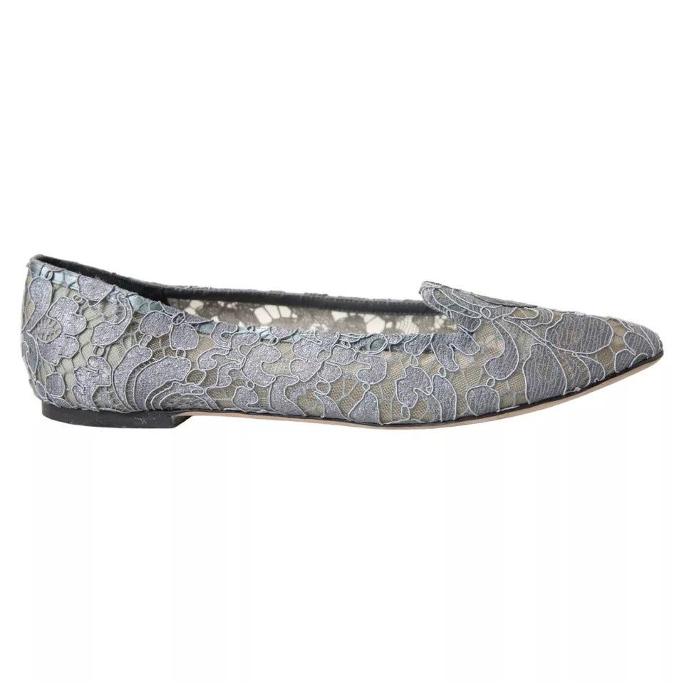 Dolce & Gabbana Gray Taormina Lace Slip On Flats Shoes