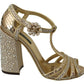 Dolce & Gabbana Gold Crystals T-strap Sandals Leather Shoes