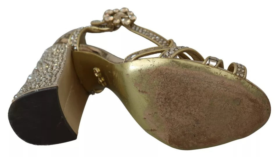 Dolce & Gabbana Gold Crystals T-strap Sandals Leather Shoes