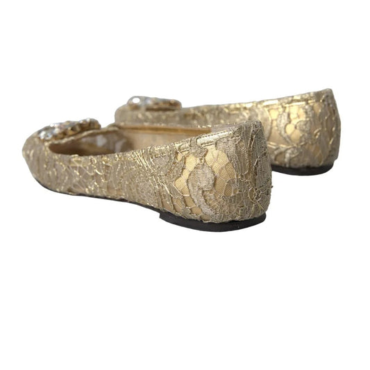 Dolce & Gabbana Gold Lace Crystal Ballet Loafers Shoes