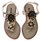 Dolce & Gabbana Beige Satin Gold Beaded Flats Slides Sandals Shoes