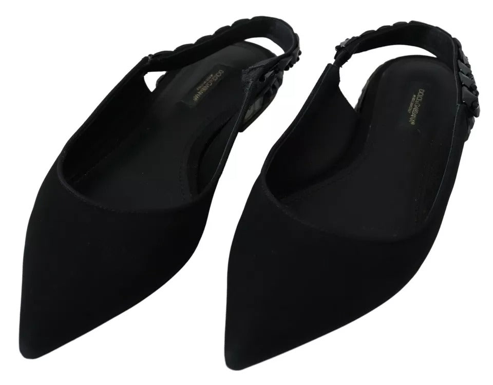 Dolce & Gabbana Black Flats Crystal Slingback Charmeuse Shoes