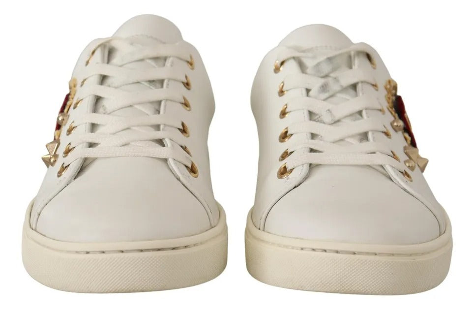 Dolce & Gabbana White Leather Gold Red Heart Sneakers Shoes