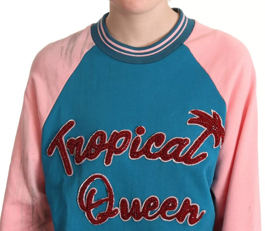 Dolce & Gabbana Blue Pink Tropical Queen Pullover Sweater