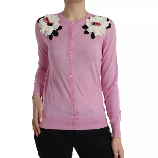 Dolce & Gabbana Pink Floral Crew Neck Button Cardigan Sweater