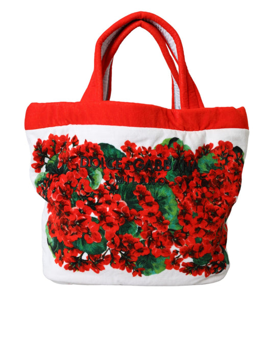 Dolce & Gabbana White Red Floral Canvas Logo Shopping Tote Bag