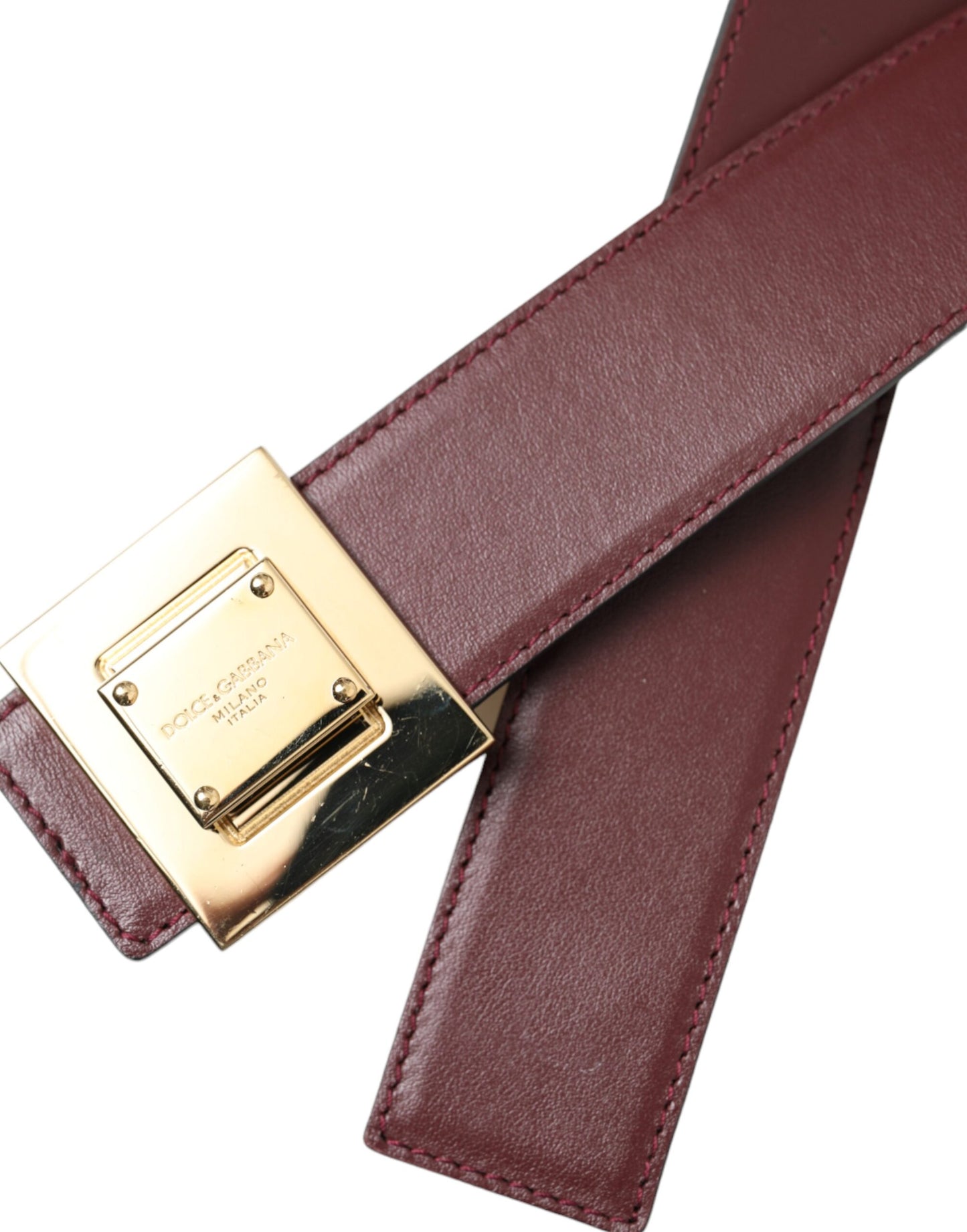 Dolce & Gabbana Burgundy Leather Square Metal Buckle Belt