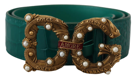 Dolce & Gabbana Green Amore Leather Logo Buckle Women Belt