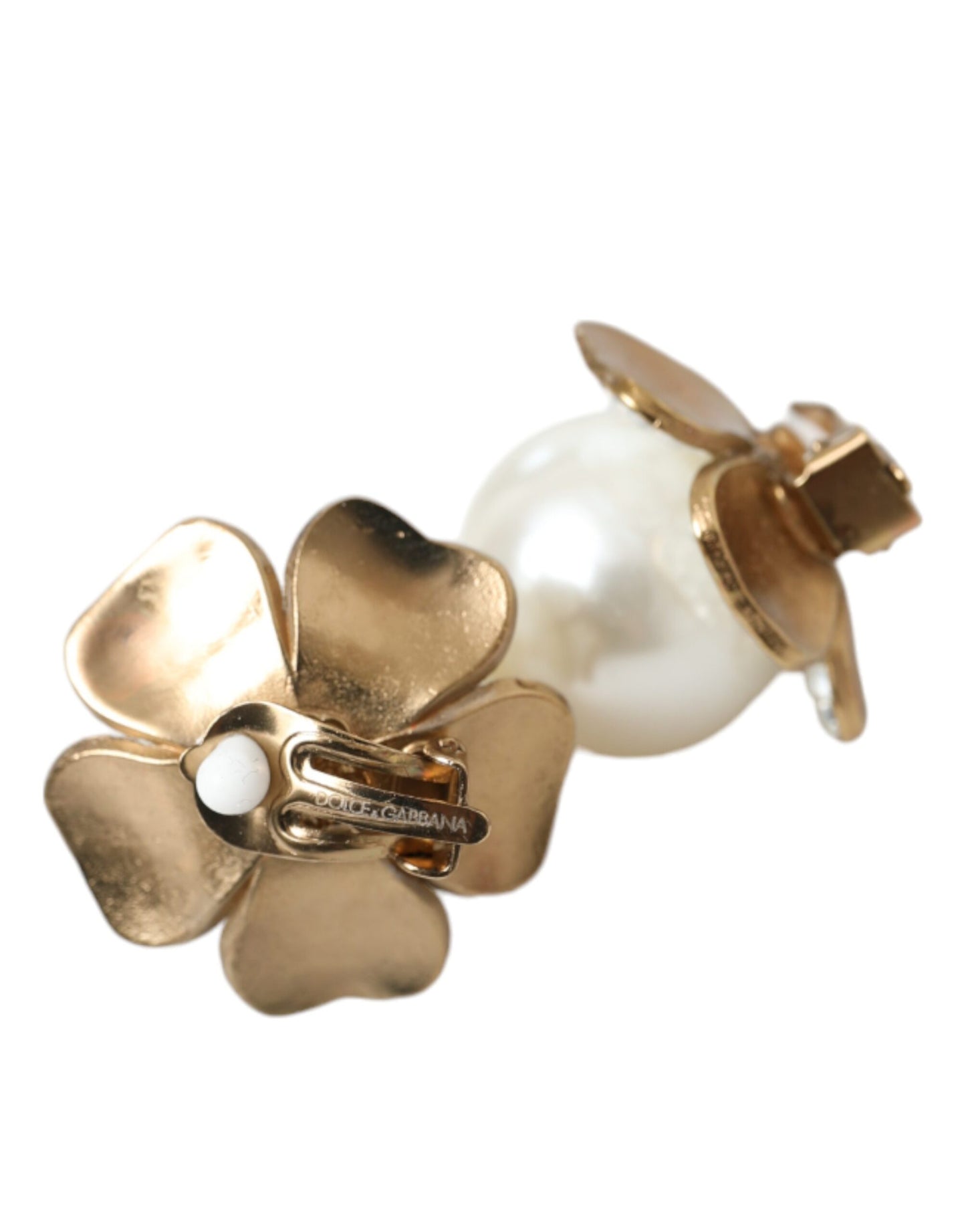 Dolce & Gabbana Gold Tone Maxi Faux Pearl Floral Clip-on Jewelry Earrings