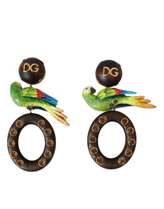 Dolce & Gabbana Multicolor Parrot Wood Brass Crystal Embellished Earrings