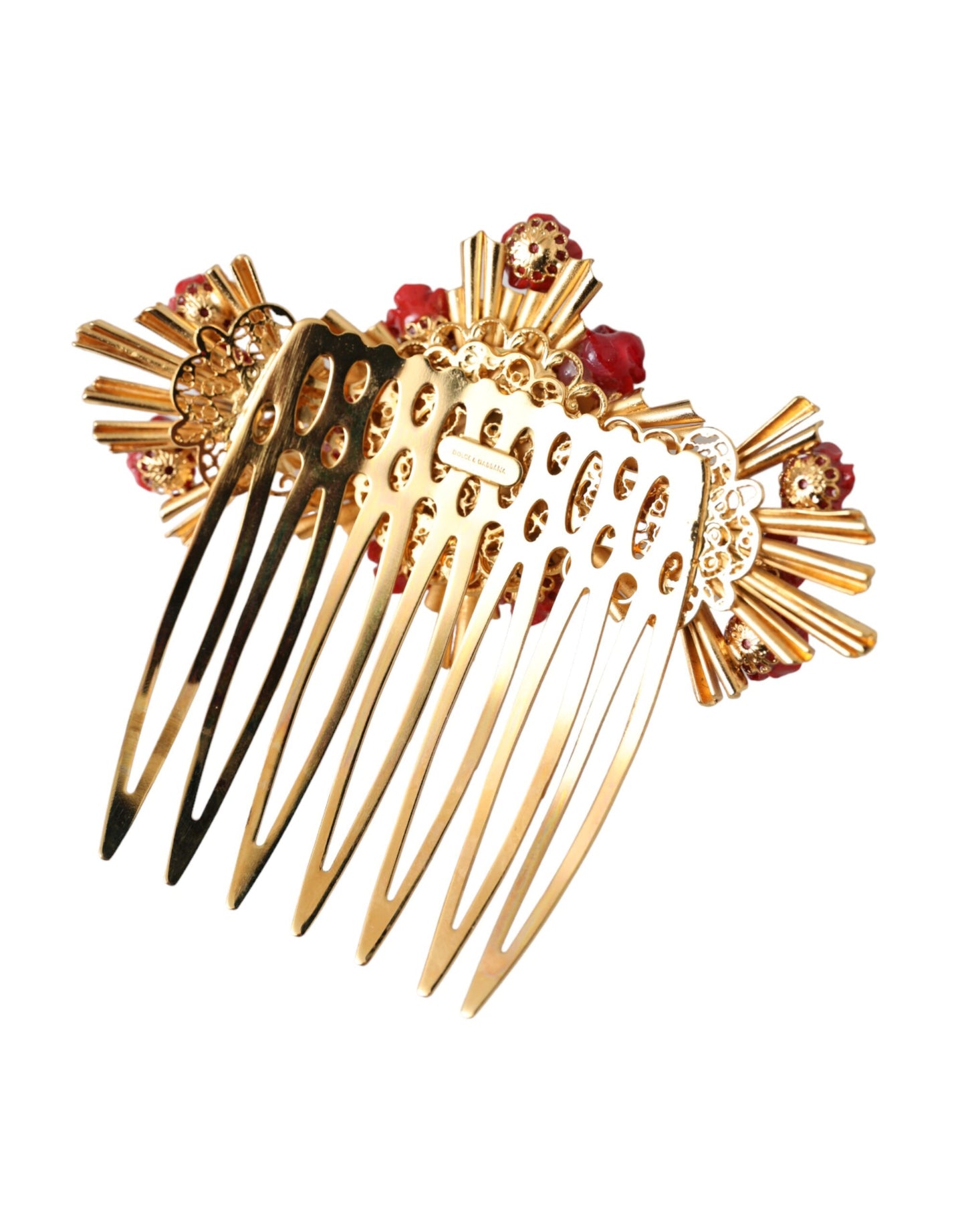 Dolce & Gabbana Gold Brass Crystal Heart Floral Hair Comb