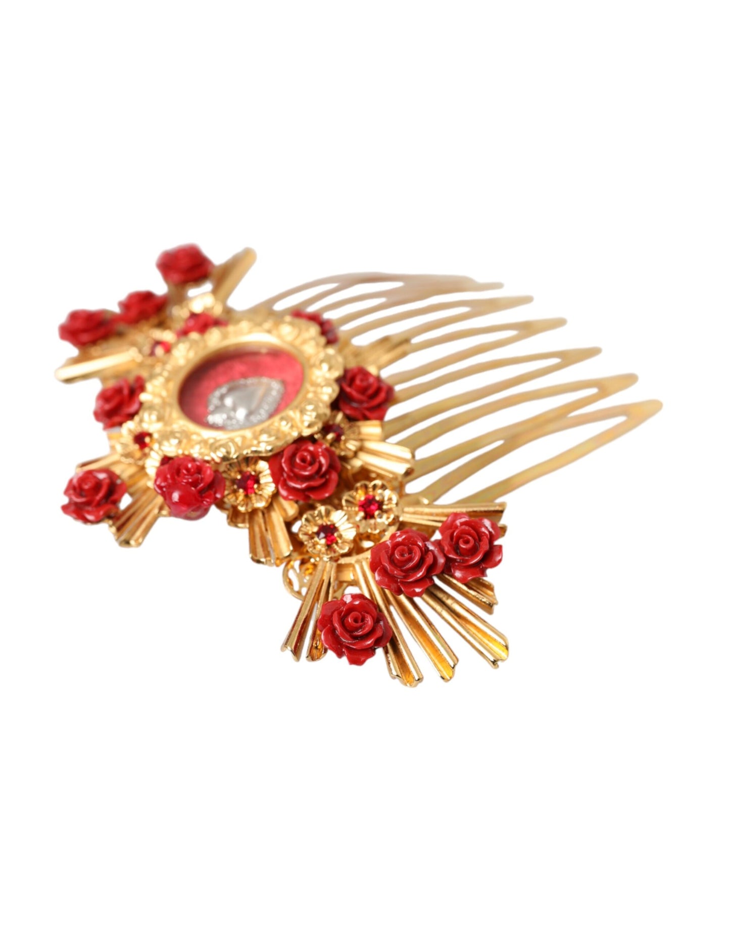 Dolce & Gabbana Gold Brass Crystal Heart Floral Hair Comb