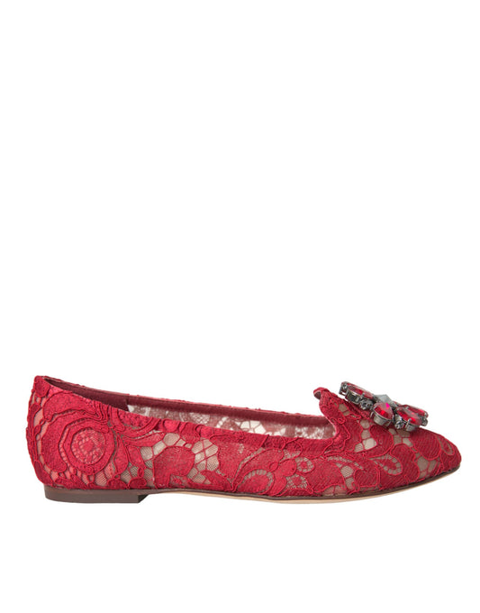 Dolce & Gabbana Red Lace Crystal Ballet Loafers Shoes