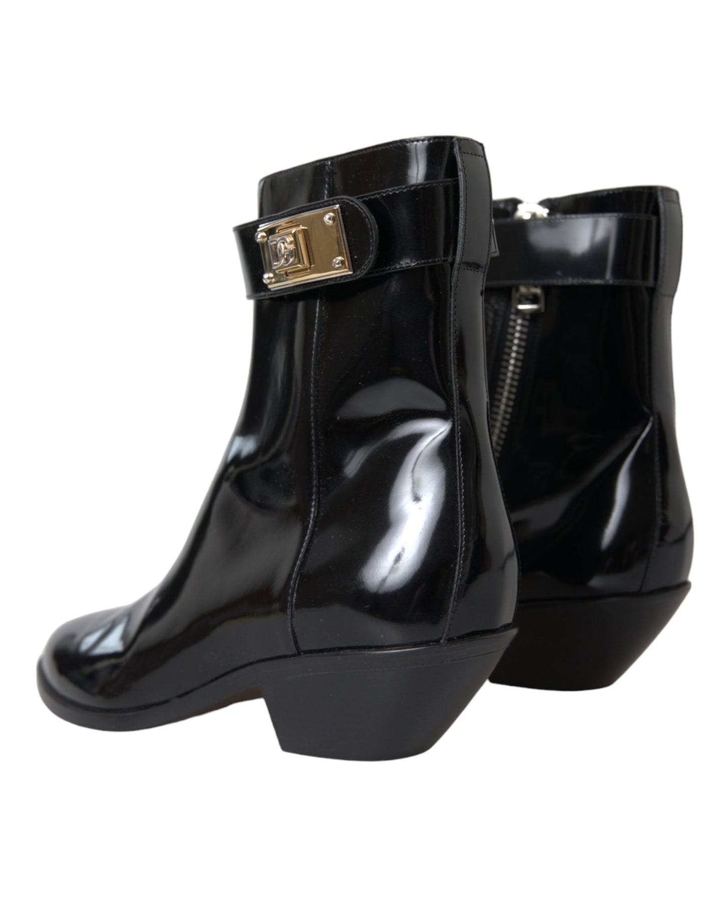 Dolce & Gabbana Black Logo Appliqué Leather Ankle Boots Shoes