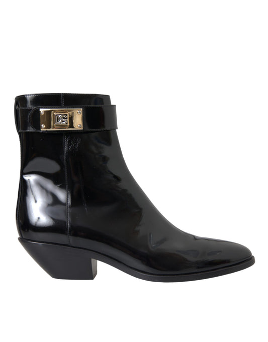 Dolce & Gabbana Black Logo Appliqué Leather Ankle Boots Shoes