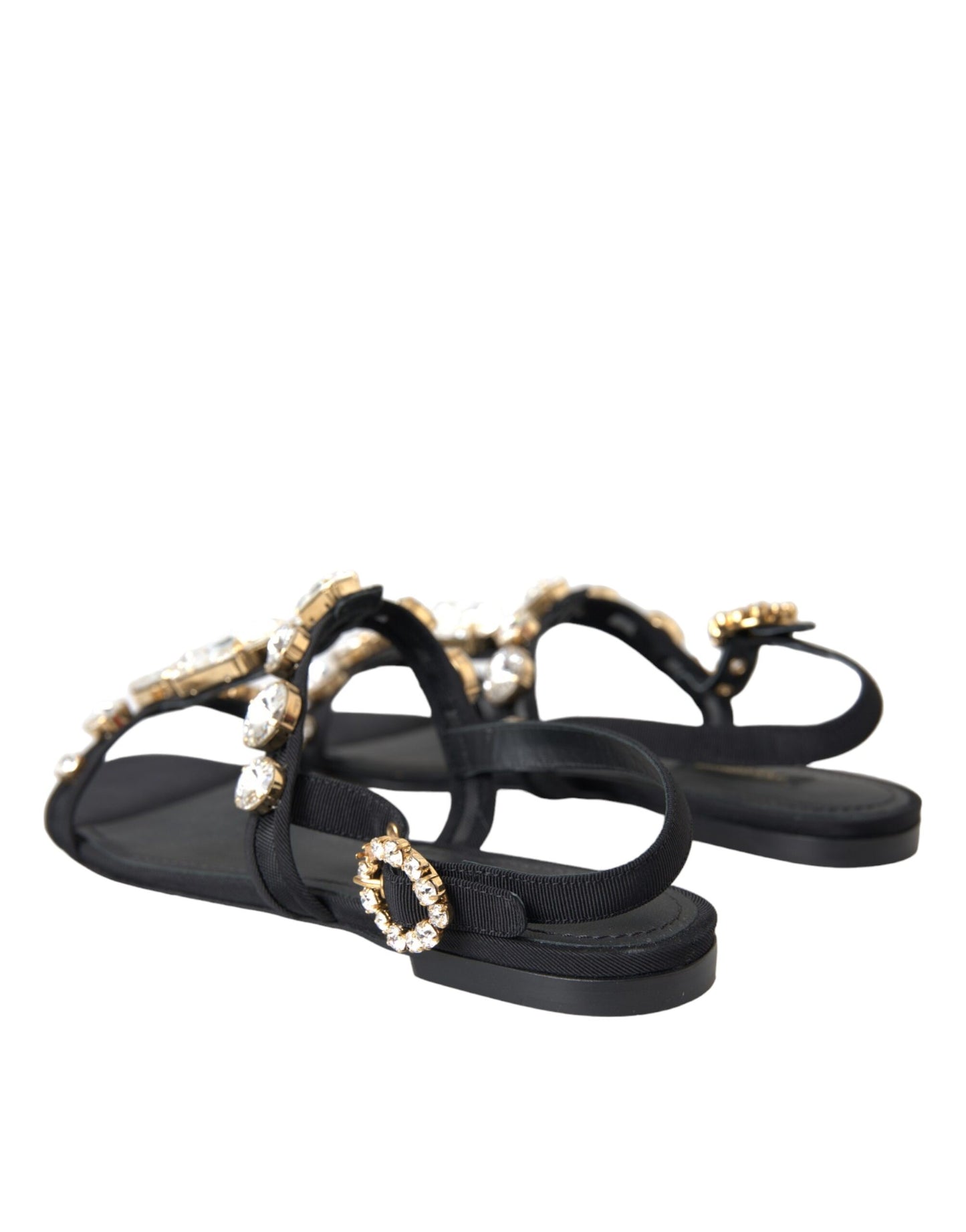 Dolce & Gabbana Black Leather Crystal Flats Sandals Shoes