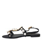 Dolce & Gabbana Black Leather Crystal Flats Sandals Shoes